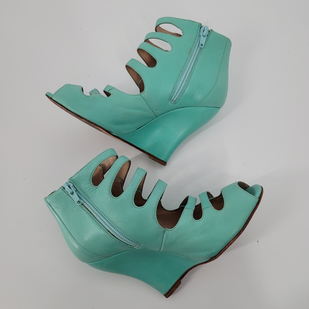 Oscar de la Renta Blue Strappy Dakota Nappa Wedge Sandals Size 35.5 - Picture 5 of 14